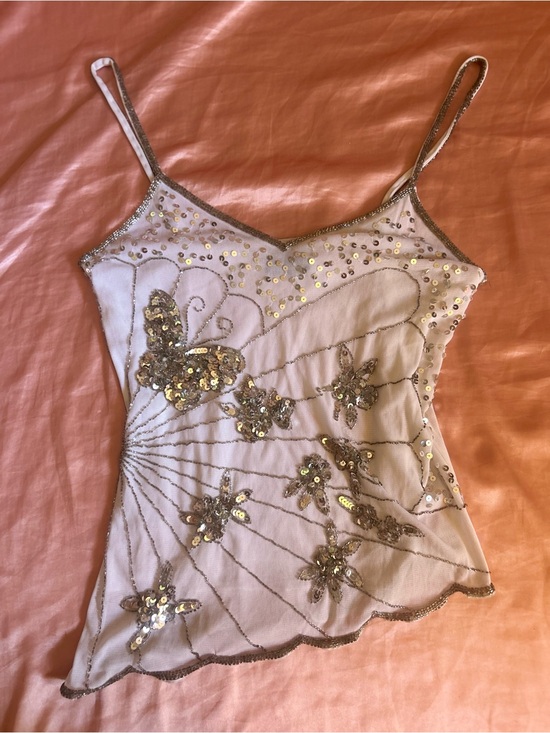 Wet Seal Tops - Wet Seal Cream Camisole with Gold Sequin Butterfly Appliqués
